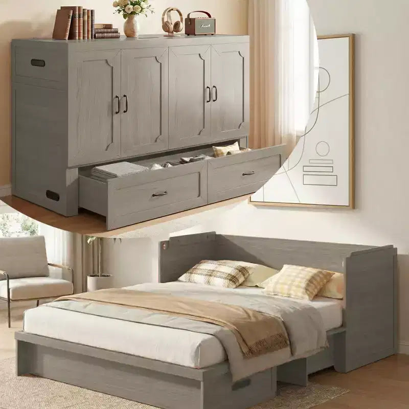 Επιπλοκρεβάτι Murphy Mjkone, διπλό (Queen Size), μετατρεπόμενο, με στρώμα, θύρα φόρτισης USB και συρτάρια αποθήκευσης