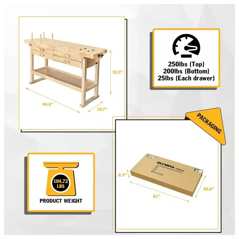 Πάγκος εργασίας Olympia Tools 60 από σκληρό ξύλο καουτσουκόδεντρου, 4 συρτάρια, χωρητικότητα βάρους 450 λίβρες