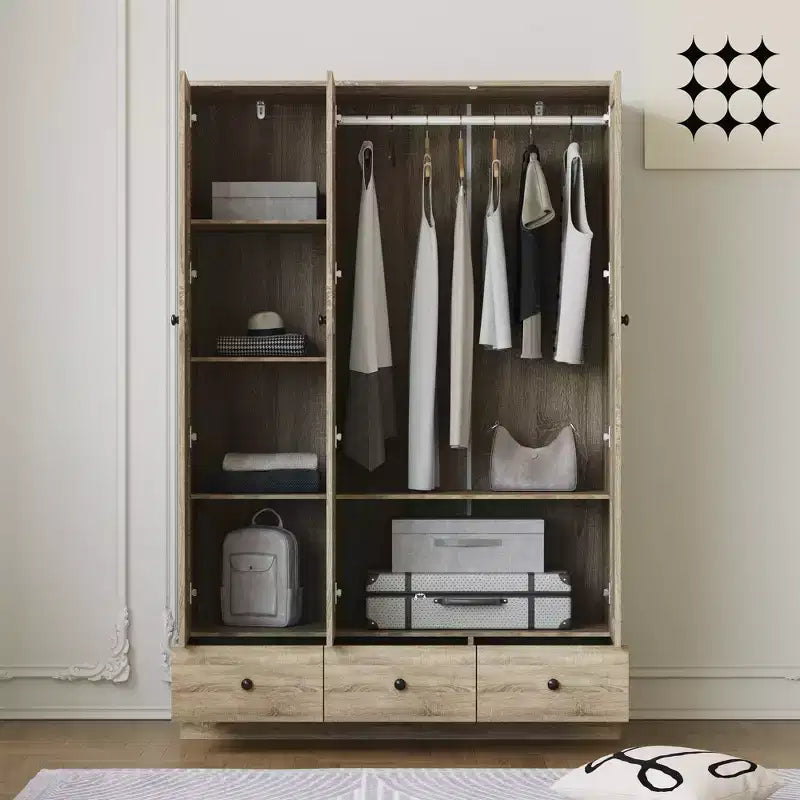 Ντουλάπα Rattan Famapy με 3 Συρτάρια, 3 Πόρτες από Διαπνέον Rattan, Ψηλή Ντουλάπα Αποθήκευσης σε Αγροτικό Στυλ για την Κρεβατοκάμαρα