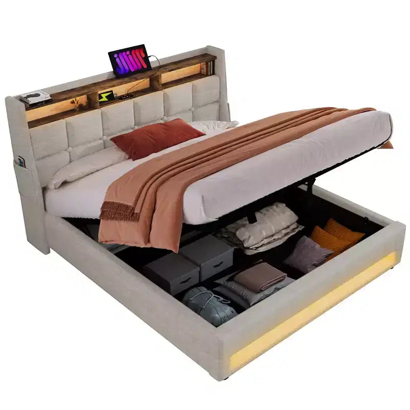 Κρεβάτι Queen Size με υδραυλικό αποθηκευτικό χώρο, LED, USB, επενδυμένο κεφαλάρι, χωρίς ανάγκη για σομιέ, εύκολη συναρμολόγηση