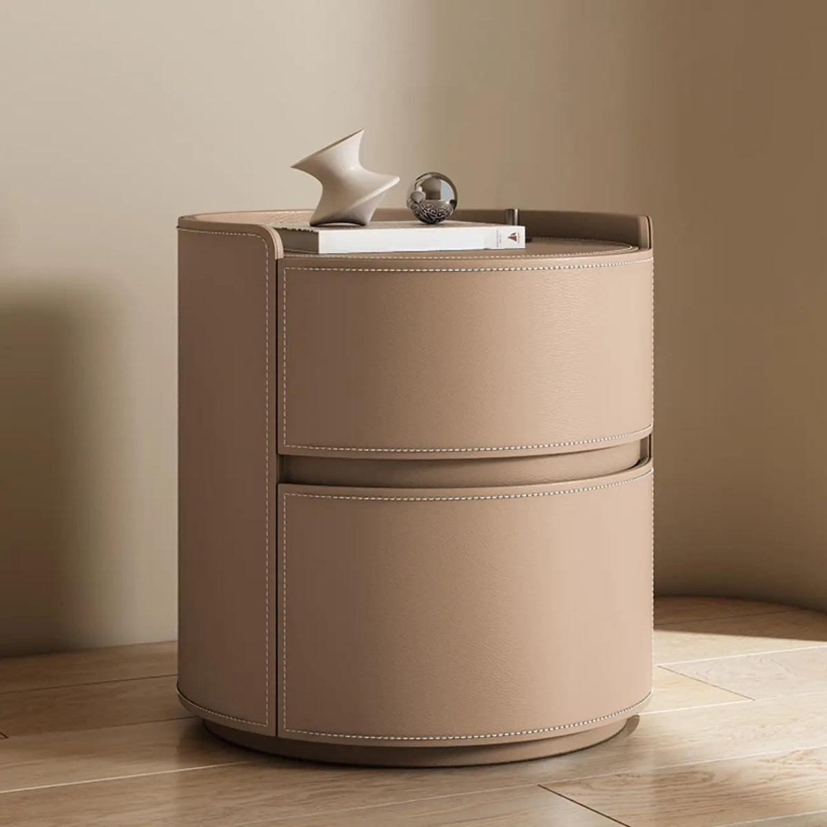 Modern Leather Tray Round 2-Drawer Nightstand