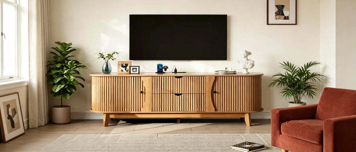 Μαύρη/Καφέ έπιπλο τηλεόρασης Mid Century με 2 συρτάρια, για 1 δωμάτιο
