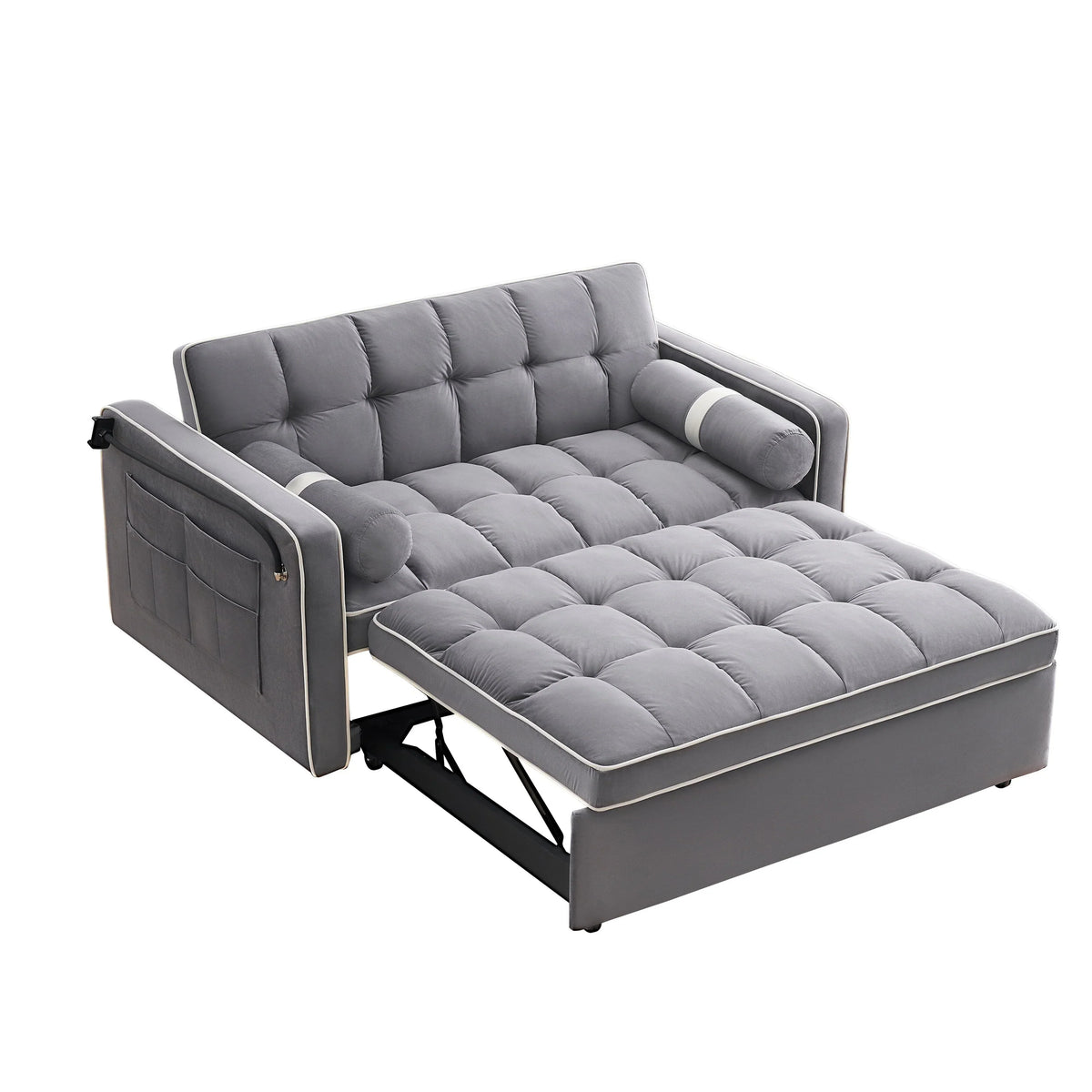Velvet Convertible 55'' 2-Seater Sleeper Sofa with Pull-Out Bed, Adjustable Recline, Side Pockets, and Phone Holder