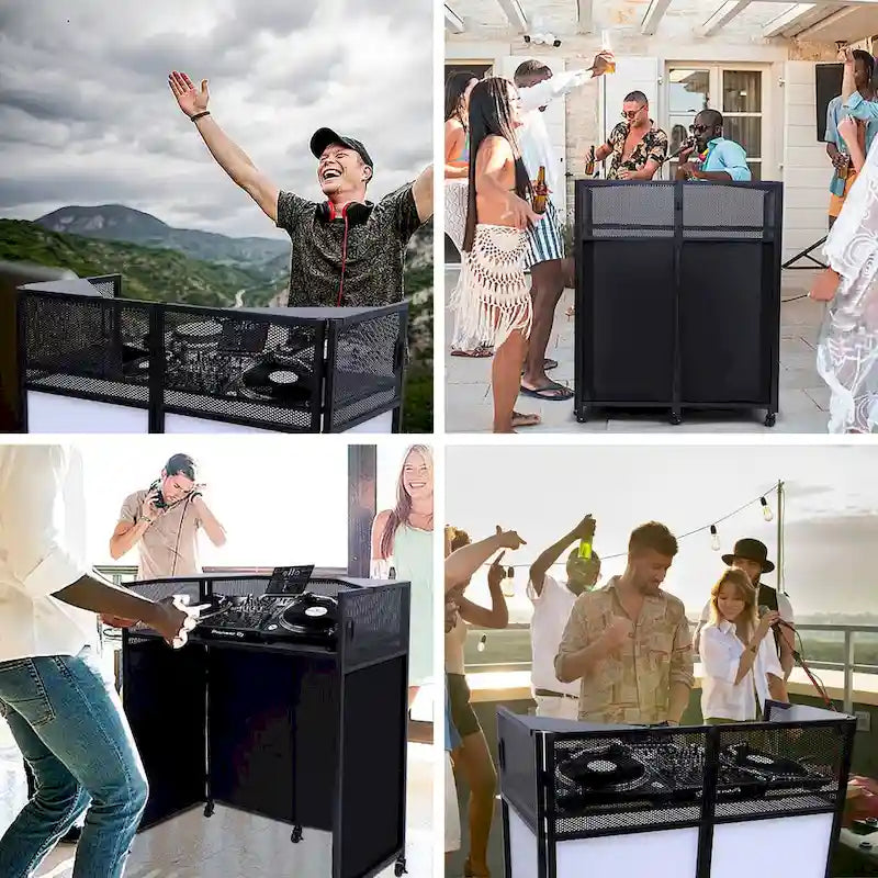 Portable DJ Booth Table Set with Integrated Lighting Scrims, Sturdy Carry Case, and Compact 40x20 inch Dimensions