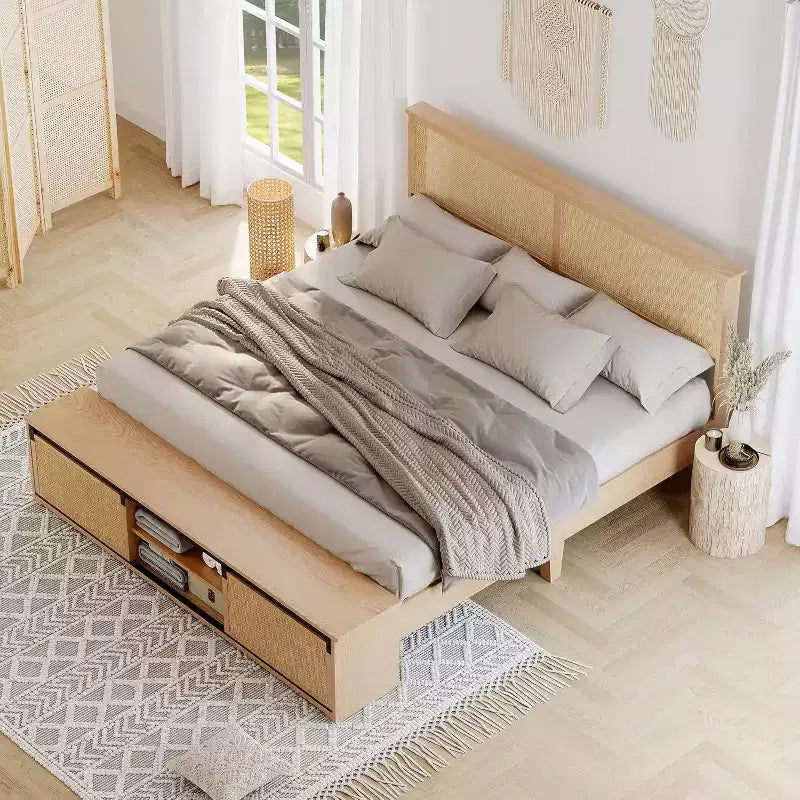 Σκελετός κρεβατιού σε Boho Farmhouse στυλ από φυσικό ρατάν, με αποθηκευτικό χώρο με συρόμενη πόρτα τύπου αχυρώνα, κεφαλάρι με φωτισμό LED και πόδια στήριξης από μασίφ ξύλο.