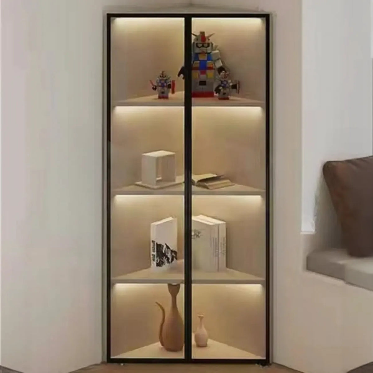Modern Grey Metal Wood Corner Display Cabinet with Glass Door