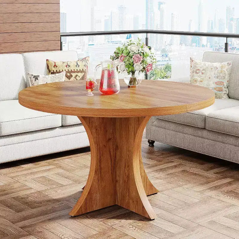 Στρογγυλή τραπεζαρία Lantine 119,99 εκ. για 4-6 άτομα, αγροτικού τύπου τραπέζι κουζίνας με βάση κολώνα, μικρό τραπέζι φαγητού για τραπεζαρία, σαλόνι, καφέ