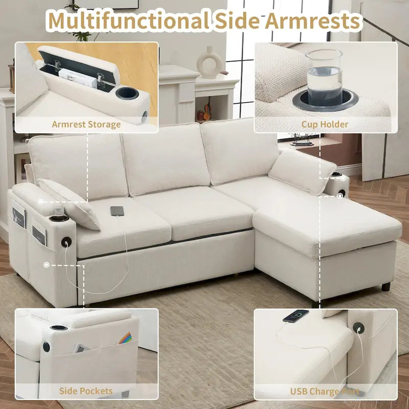 80 L-Shaped Sofa Couch Bed, Sofa Sleeper with Pull Out Bed, Reversible Sleeper Sofa Bed