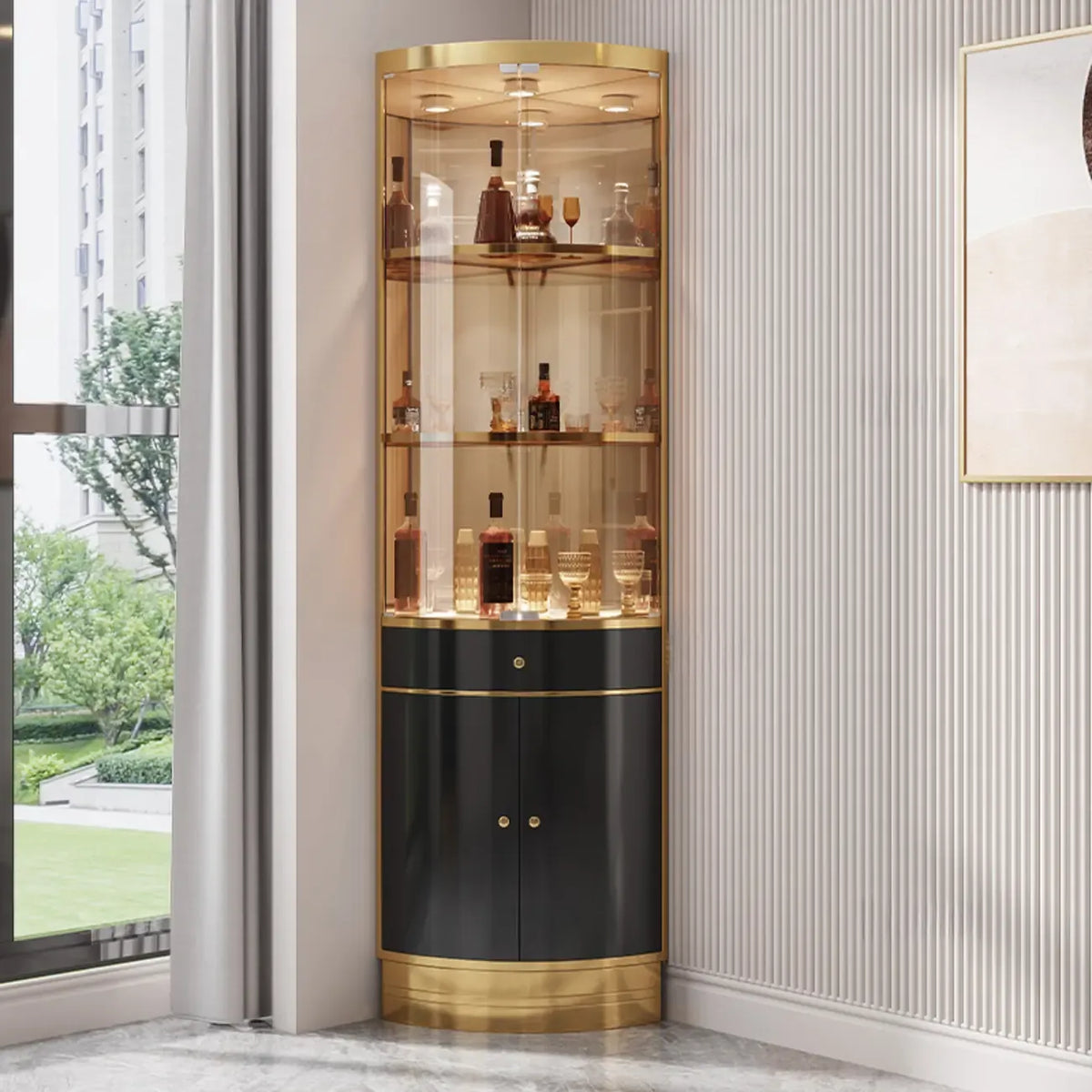 Multiple Levels Glass and Metal Shelf Storage Display Corner Wine Cabinet