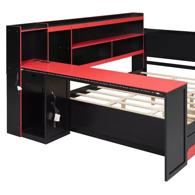 Gamer Hub Daybed με Γραφείο, Φώτα RGB, Σταθμό Φόρτισης, Συρτάρια Αποθήκευσης & Κεφαλάρι-Βιβλιοθήκη