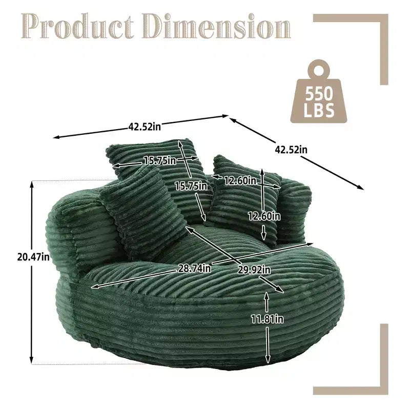 Καναπές Bean Bag για ενήλικες και παιδιά, υπερμεγέθης πολυθρόνα πουφ από κοτλέ ύφασμα με 3 μαξιλάρια και μπράτσα για το σαλόνι και την κρεβατοκάμαρα