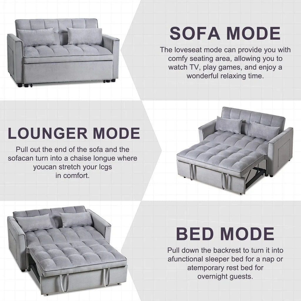 Modern Pull-Out Couch Bed, 3-in-1 Sleeper Sofa with Adjustable Backrest, Velvet Loveseat, Pillows & Side Pockets