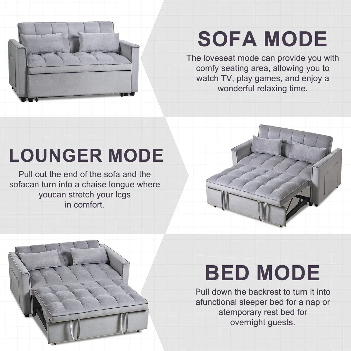 Modern Pull-Out Couch Bed, 3-in-1 Sleeper Sofa with Adjustable Backrest, Velvet Loveseat, Pillows & Side Pockets