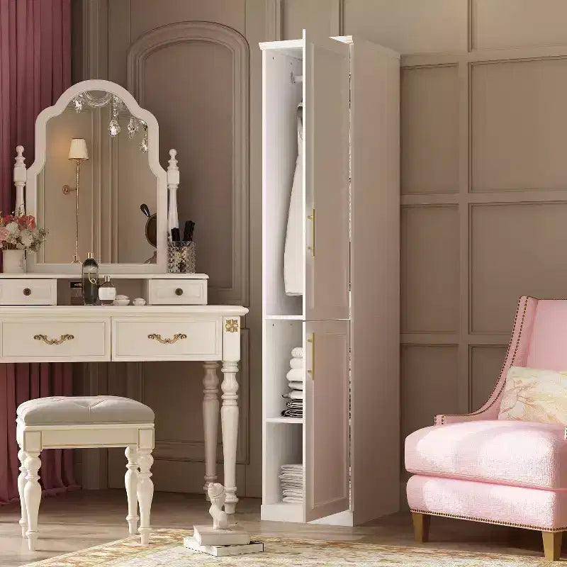 Αρθρωτή ντουλάπα Famapy Luxe σε λευκό χρώμα με χρυσά εξαρτήματα: Πάνελ πόρτες + Σχεδιασμός μικτών θυρών, Κομψή προσαρμοσμένη ντουλάπα για υπνοδωμάτια