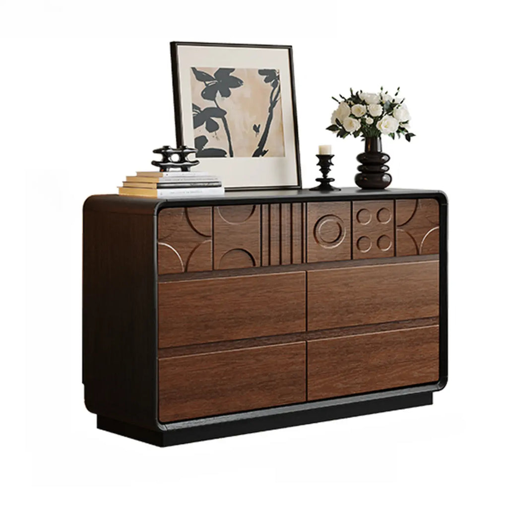 Ξύλινη συρταριέρα εμπνευσμένη από το Art Deco με γεωμετρικά σκαλίσματα