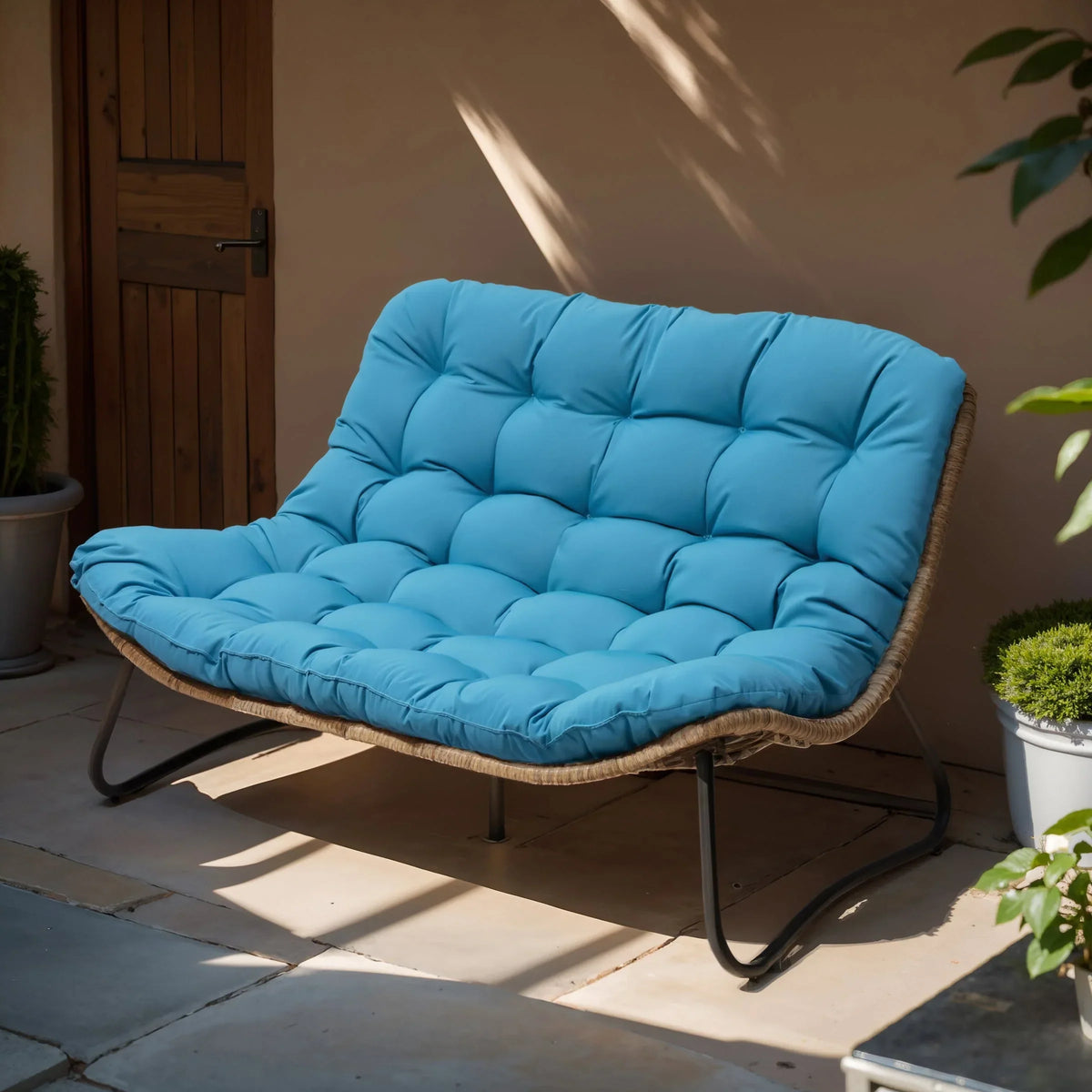 Διπλή πολυθρόνα Papasan Loveseat με μαξιλάρι, από ρατάν PE παντός καιρού και μεταλλικό σκελετό για εσωτερικούς και εξωτερικούς χώρους