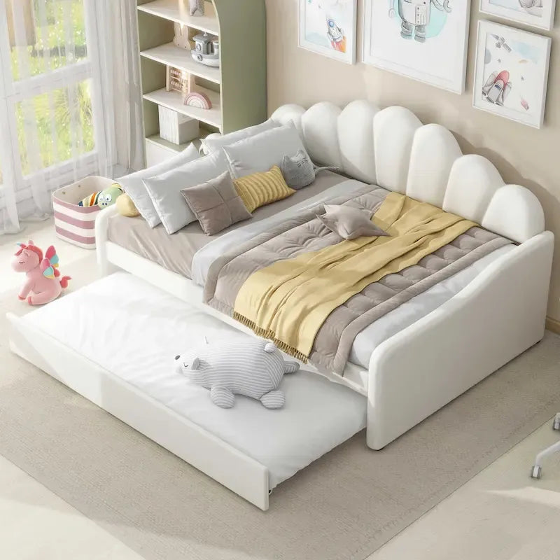 Full Size Upholstered Daybed with Shell Backrest and Trundle