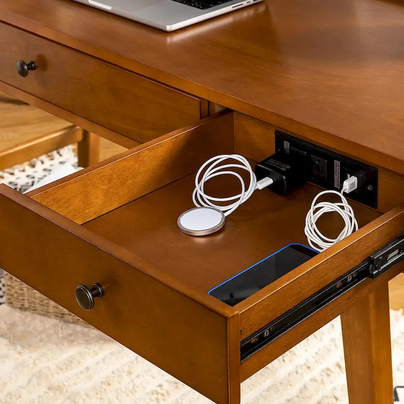 Eugenia Mid-century Office Desk with Drawer Divider&Cable Management&Charging Station by HULALA HOME
