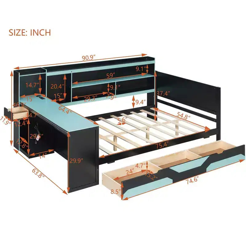 Gamer Hub Daybed με Γραφείο, Φώτα RGB, Σταθμό Φόρτισης, Συρτάρια Αποθήκευσης & Κεφαλάρι-Βιβλιοθήκη