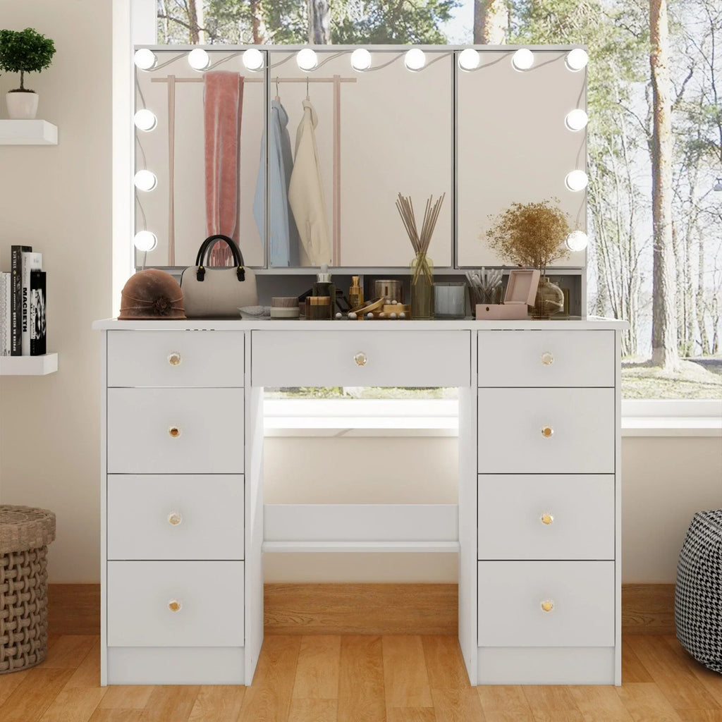 Makeup Vanity w/Tri-Fold Mirror Certified Lighting Glass Top Dresser