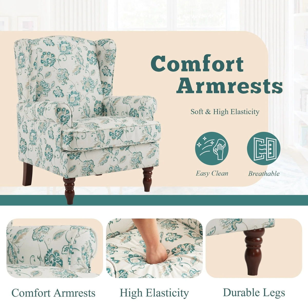 Erommy Modern Accent Chair, High Back Armchair, Upholstered Fabric Button Single Sofa with Wooden Legs for Living Room