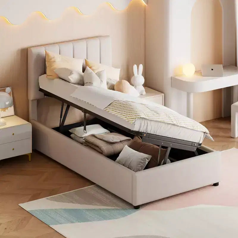 Κρεβάτι Bellemave με αποθηκευτικό χώρο, διπλό (Twin size), ταπετσαρισμένο κρεβάτι πλατφόρμα με υδραυλικό σύστημα αποθήκευσης, κεφαλάρι με κάθετες ρίγες, μπεζ
