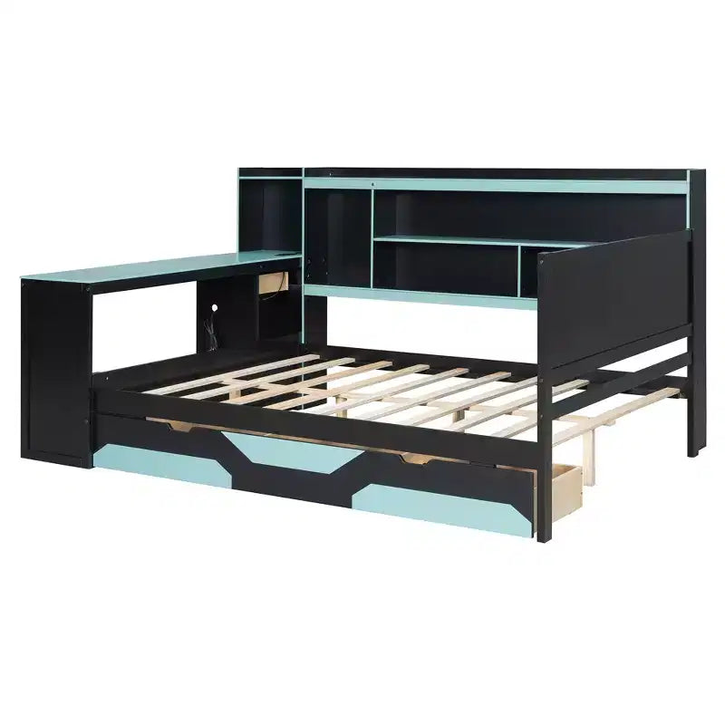Gamer Hub Daybed με Γραφείο, Φώτα RGB, Σταθμό Φόρτισης, Συρτάρια Αποθήκευσης & Κεφαλάρι-Βιβλιοθήκη