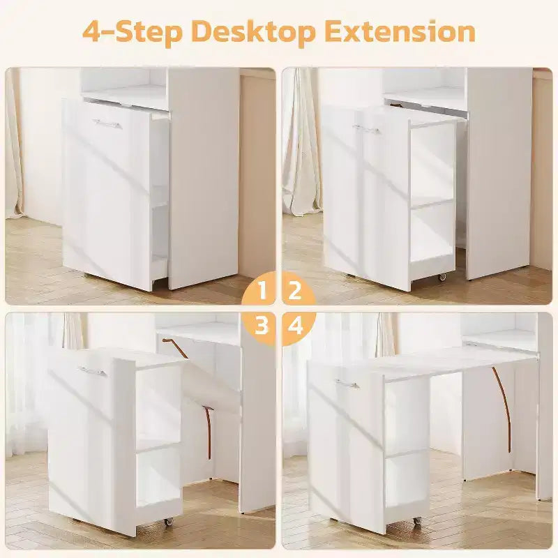 Γραφείο MooxvMoo με δυνατότητα επέκτασης, ράφια αποθήκευσης και τροχήλατη βάση, πτυσσόμενο τραπέζι υπολογιστή για μικρά διαμερίσματα και γραφεία στο σπίτι, Λευκό