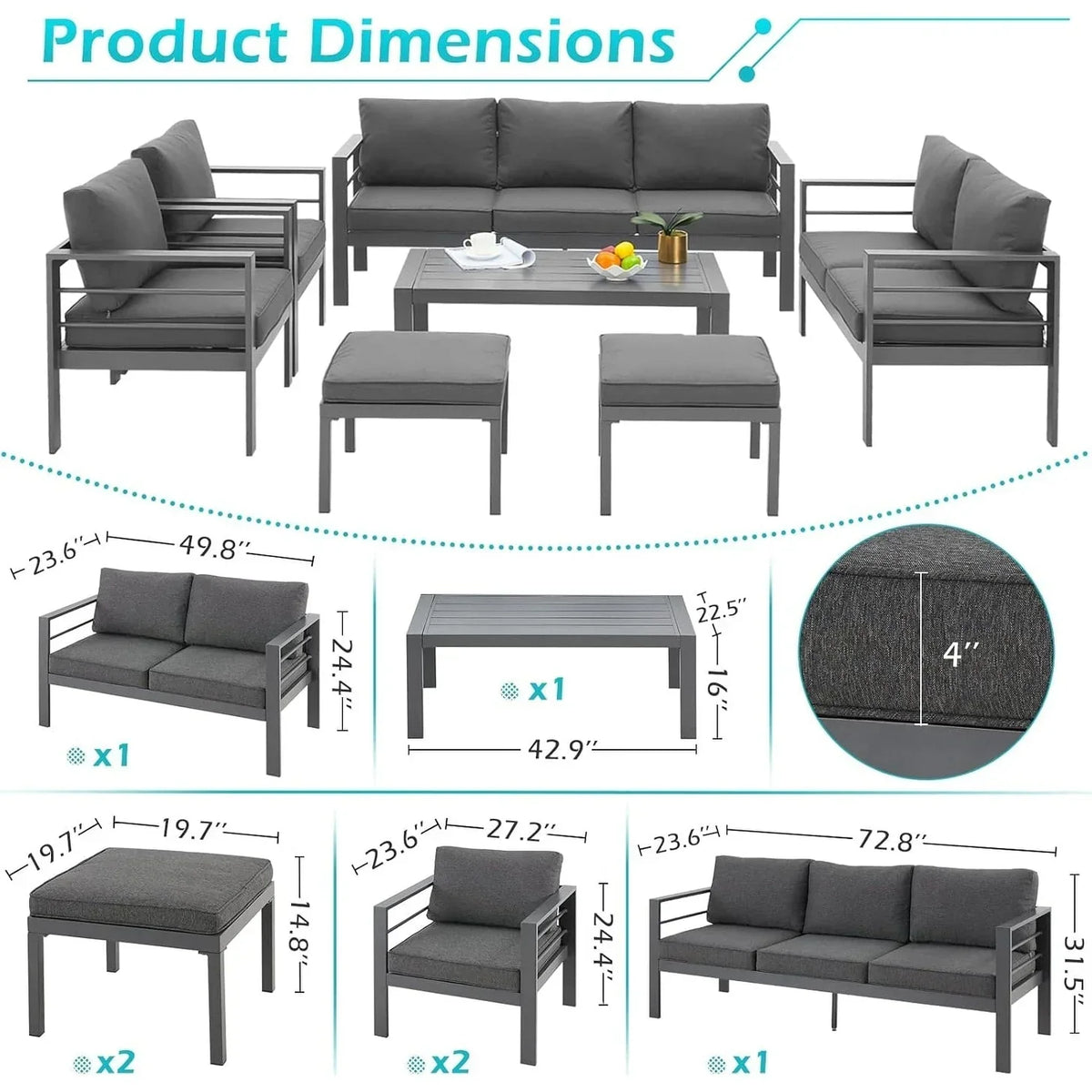 AECOJOY 7 Pieces Aluminum Patio Furniture Set Outdoor Conversation Set