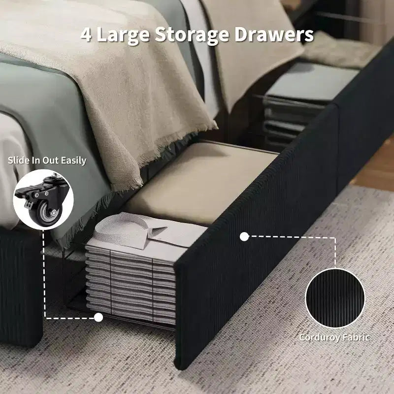 Κρεβάτι CuisinSmart με επένδυση κοτλέ και κεφαλάρι, πλατφόρμα με 4 συρτάρια αποθήκευσης και ξύλινα δοκάρια στήριξης