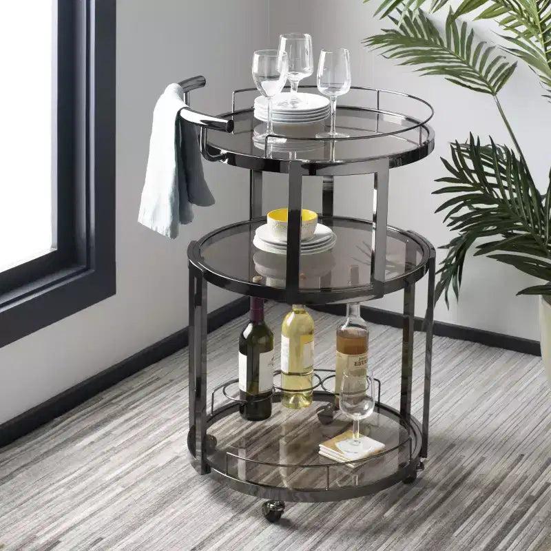 3-Tier Round Bar Cart, Modern Rolling Serving Cart for Living Room or Kitchen