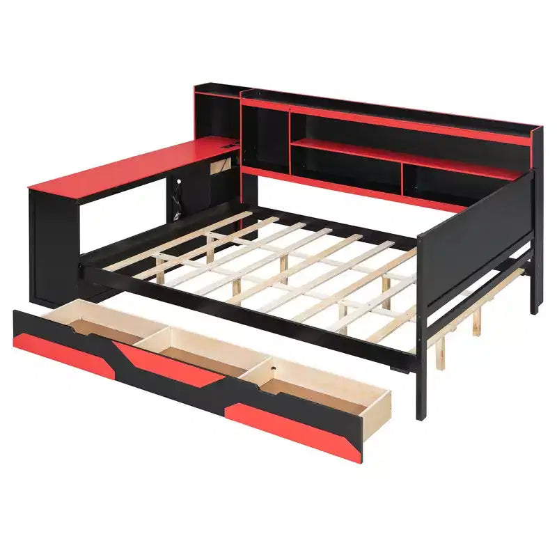 Gamer Hub Daybed με Γραφείο, Φώτα RGB, Σταθμό Φόρτισης, Συρτάρια Αποθήκευσης & Κεφαλάρι-Βιβλιοθήκη