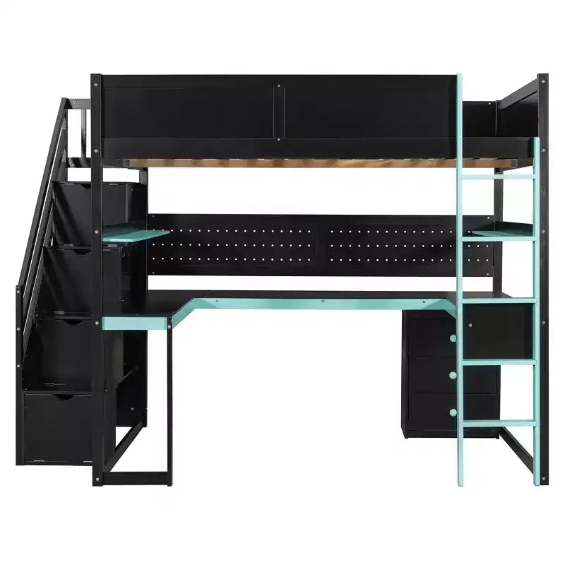 GDFStudio Ξύλινο Υπερυψωμένο Κρεβάτι Παιχνιδιού Scott με Σκάλες Αποθήκευσης, Γραφείο, Ράφια & Διάτρητο Πίνακα