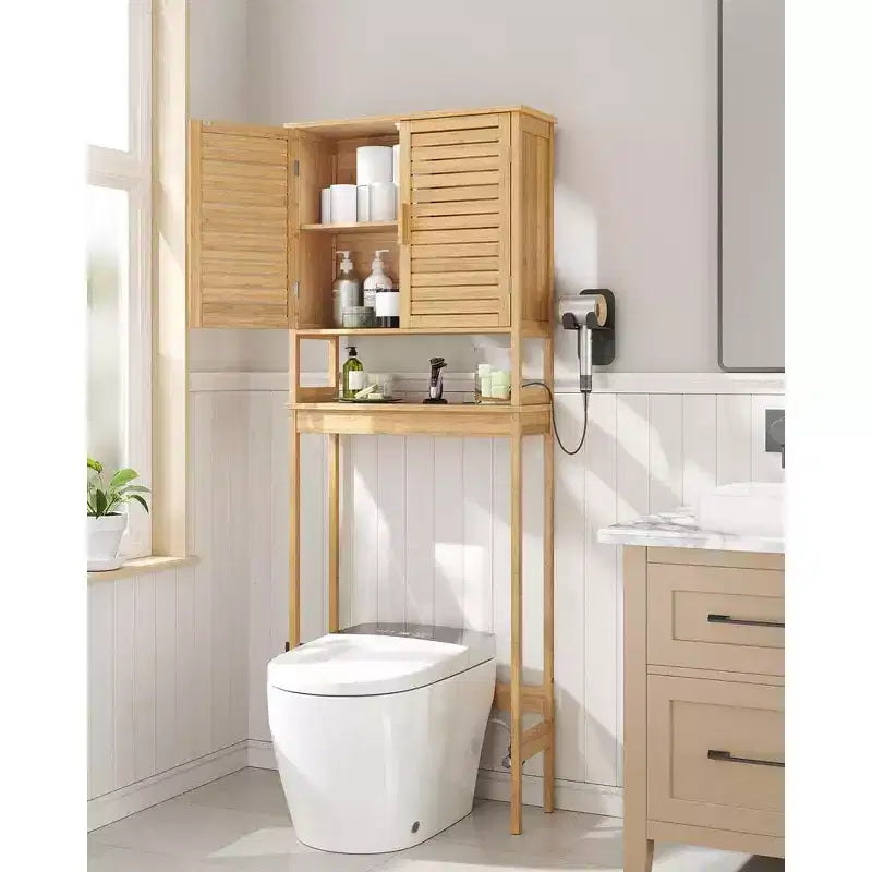SONGMICS Over The Toilet Storage Cabinet, Cabinet with Adjustable Inside Shelf and Bottom Stabilizer Bar, Toilet Rack, Natural Beige