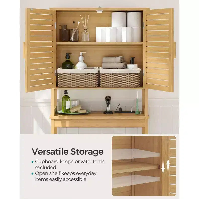 Over-the-Toilet Storage Cabinet with Adjustable Inside Shelf & Bottom Stabilizer Bar, Natural Beige