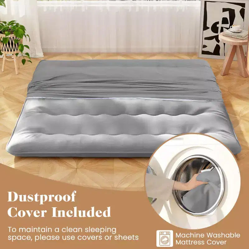 Japanese Floor Futon Mattress with Washable Cover & Carry Bag, Twin/Full/Queen/King, Grey