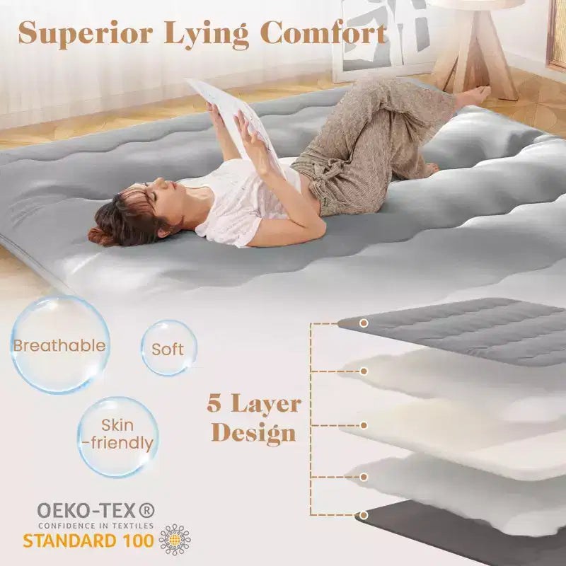 Japanese Floor Futon Mattress with Washable Cover & Carry Bag, Twin/Full/Queen/King, Grey