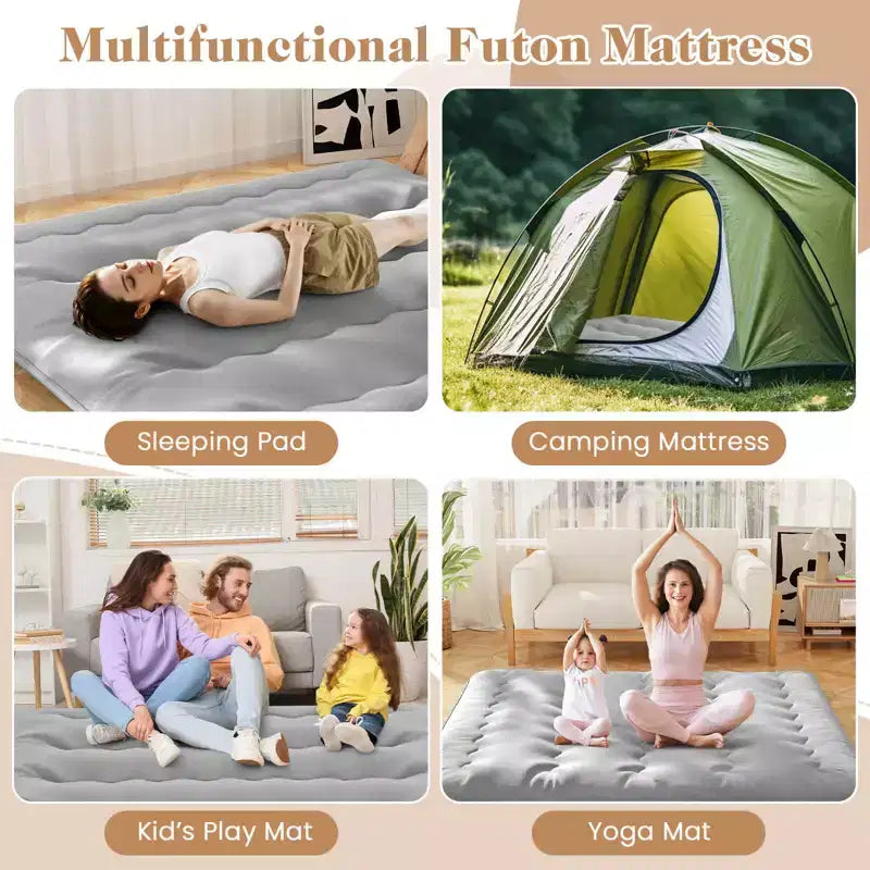Japanese Floor Futon Mattress with Washable Cover & Carry Bag, Twin/Full/Queen/King, Grey
