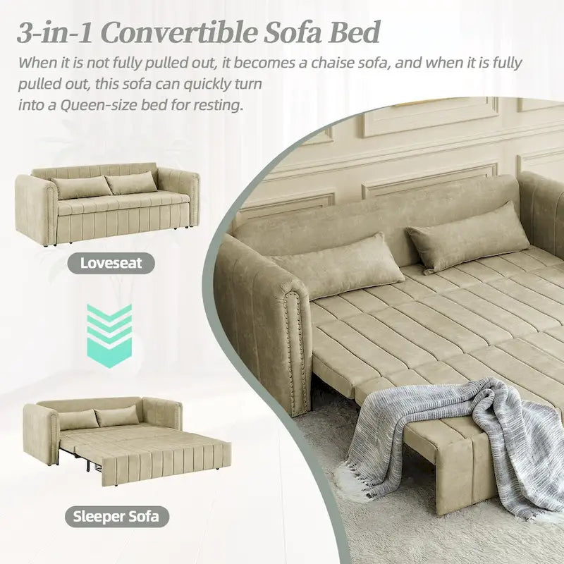 Velvet Upholstered Modern Convertible Sleeper Lounge Sofa Bed with Rolled Arms Decorated with Copper Nails