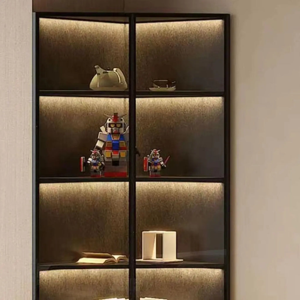 Modern Grey Metal Wood Corner Display Cabinet with Glass Door