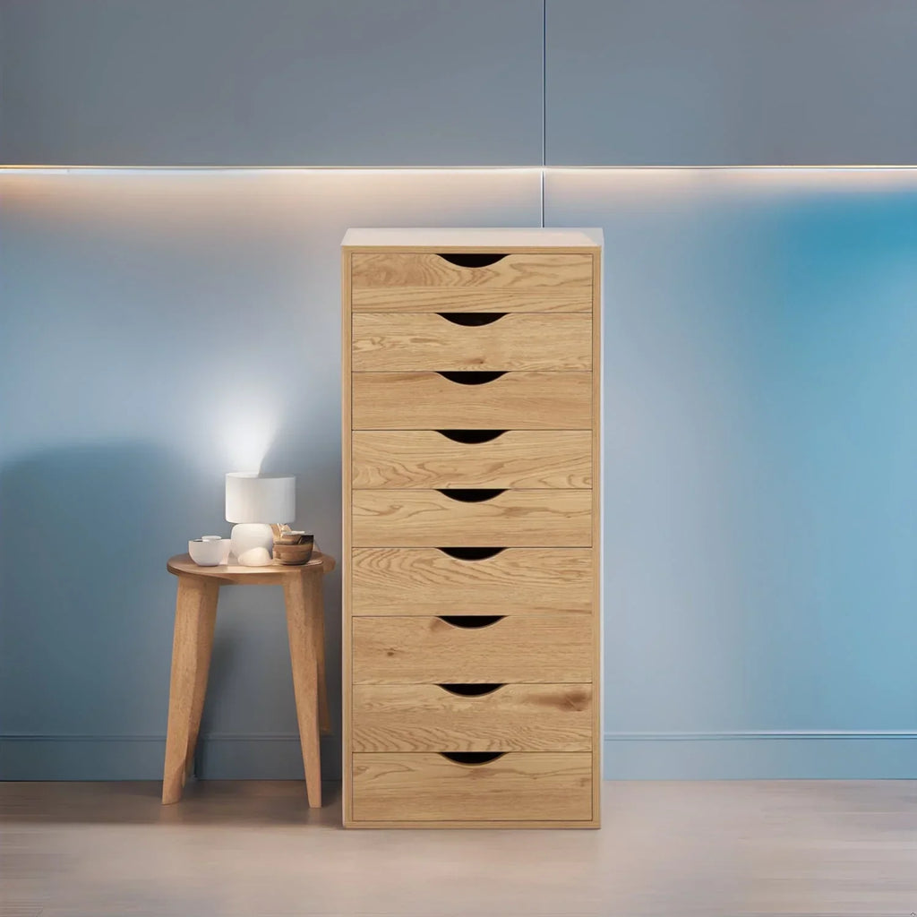 Narrow Wooden 9-Drawer Cabinet with Smooth-Glide Drawers and Top Storage Shelf