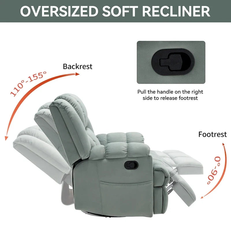 Green Oversized Manual Recliner with Swivel, Rocking, and Fabric Upholstery