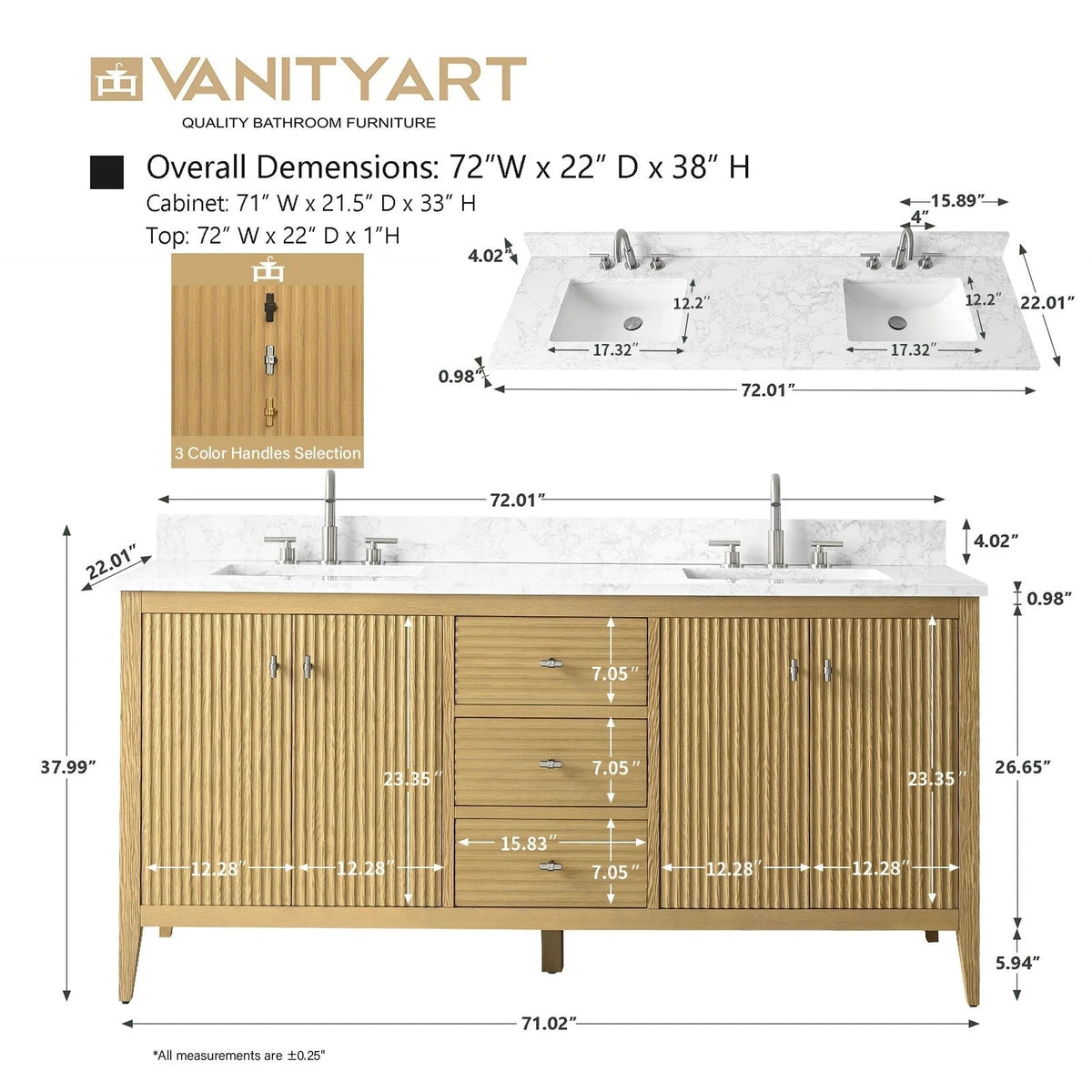Έπιπλο μπάνιου Vanity Art 72" με διπλό νιπτήρα και πάγκο από τεχνητό μάρμαρο