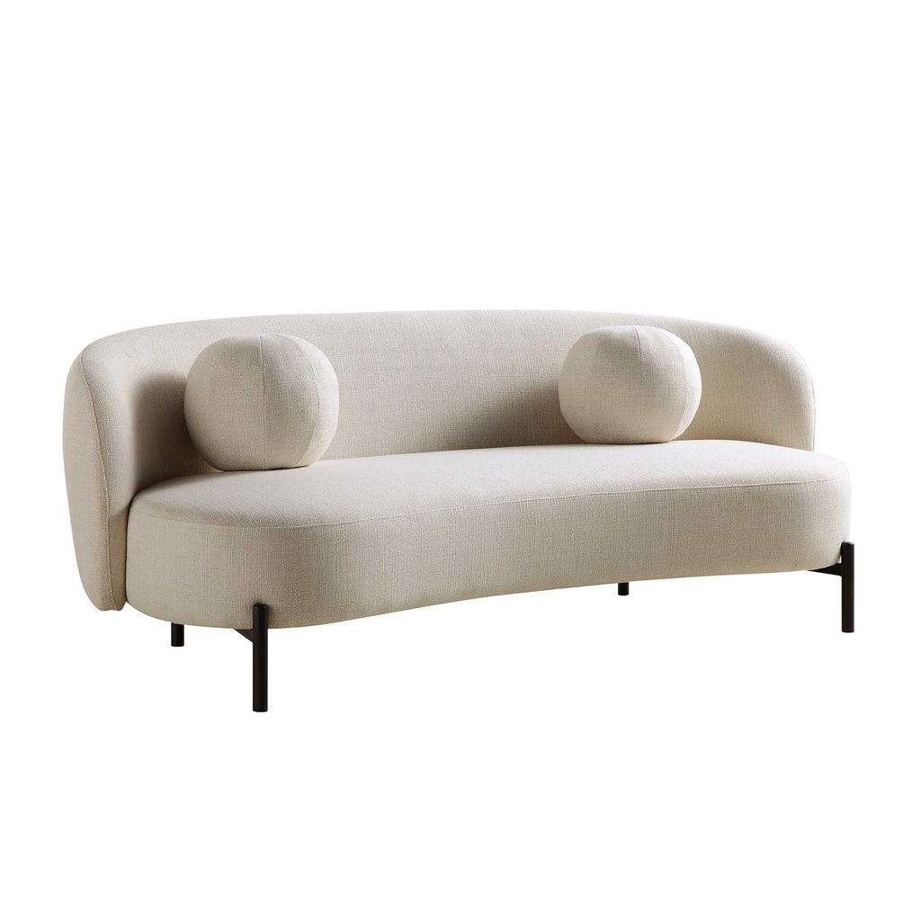 3-Seater Curved Sofa with Ball Cushions, Beige Linen Blend