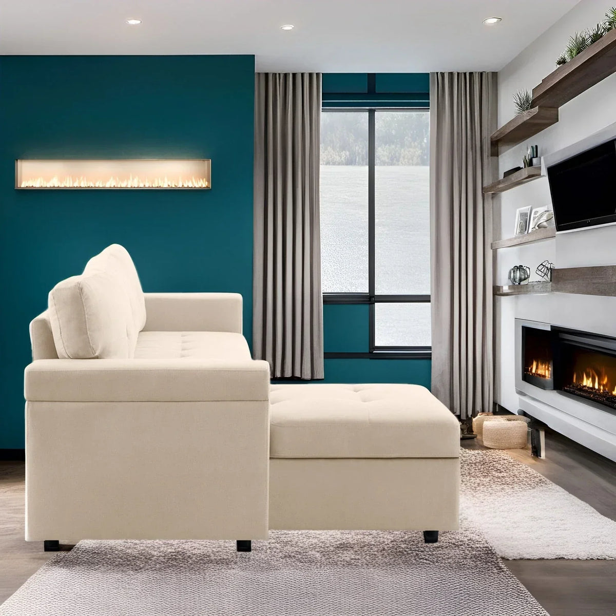 Convertible Reversible Sectional Sofa with Pull-Out Sleeper Bed, Hidden Storage Chaise, and Durable Legs