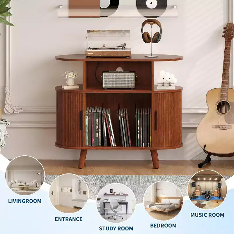 Βάση πικάπ σε στυλ Mid-Century Modern, ξύλινο ράφι για πικάπ, ανοιχτό έπιπλο αποθήκευσης δίσκων βινυλίου, για το σαλόνι, το υπνοδωμάτιο
