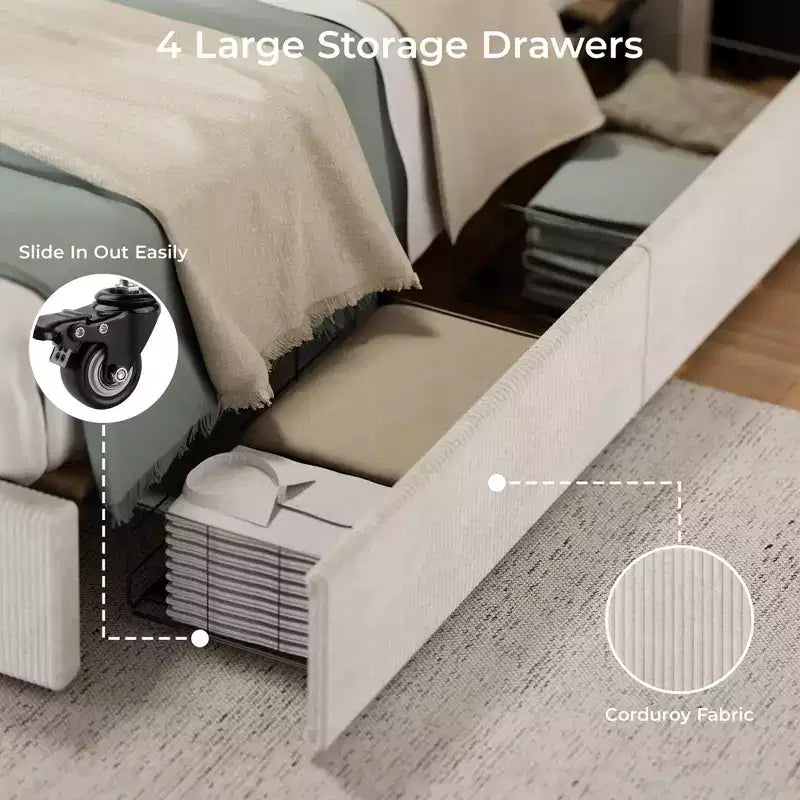 Κρεβάτι CuisinSmart με επένδυση κοτλέ και κεφαλάρι, πλατφόρμα με 4 συρτάρια αποθήκευσης και ξύλινα δοκάρια στήριξης