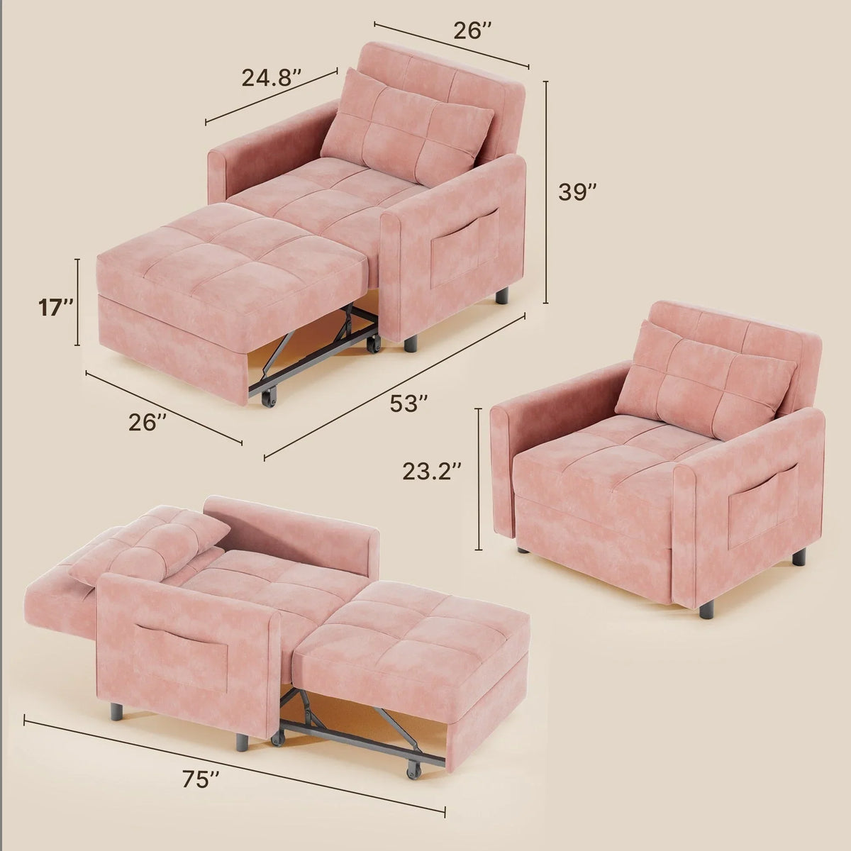 3-in-1 Adjustable Sleeper Sofa Bed, Pull Out Chair Sofa, Convertible Folding Bed for Living Room