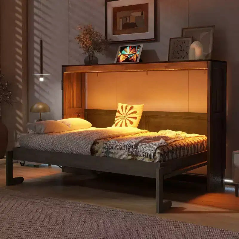Επικλινές κρεβάτι (Murphy bed) μεγέθους Twin με φως LED, που αναδιπλώνεται σε ντουλάπι, κρυφό επιτοίχιο κρεβάτι για ξενώνα