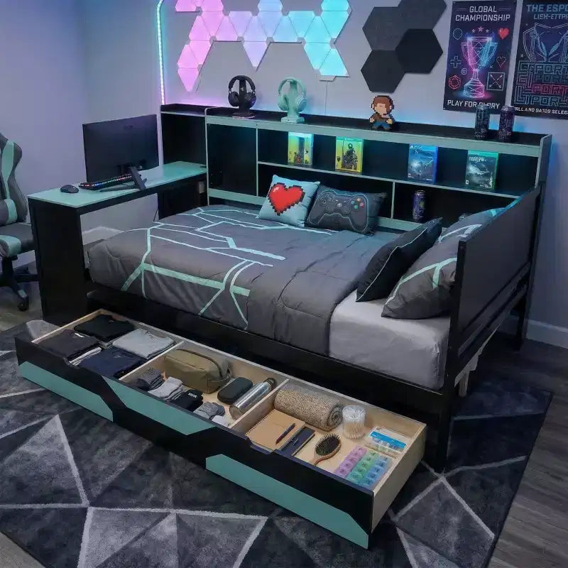 Gamer Hub Daybed με Γραφείο, Φώτα RGB, Σταθμό Φόρτισης, Συρτάρια Αποθήκευσης & Κεφαλάρι-Βιβλιοθήκη
